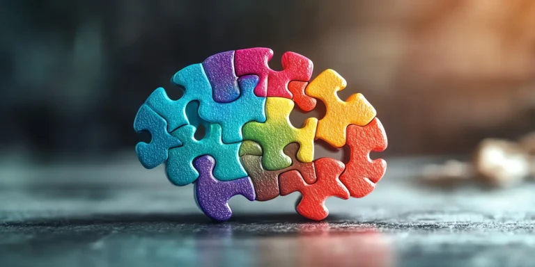 Colorful puzzle-piece brain symbol representing cognitive processes and psychological assessment.